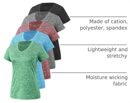 5-Pack Women's Short Sleeve Moisture-Wicking V-Neck Dry Fit T-Shirts