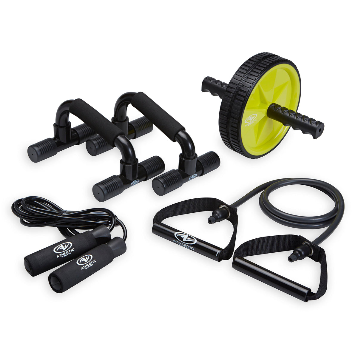 Comprehensive Home Gym Equipment Set: Resistance Tubes, Ab Wheel, Jump Rope, and Push-Up Bars