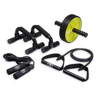 Comprehensive Home Gym Equipment Set: Resistance Tubes, Ab Wheel, Jump Rope, and Push-Up Bars
